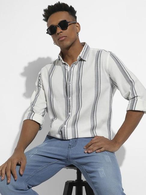 campus sutra grey & white cotton regular fit striped shirt