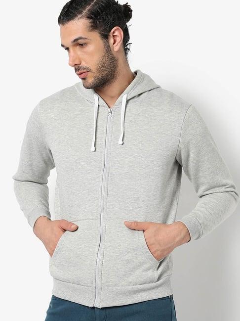 campus sutra grey cotton regular fit hooded sweatshirt