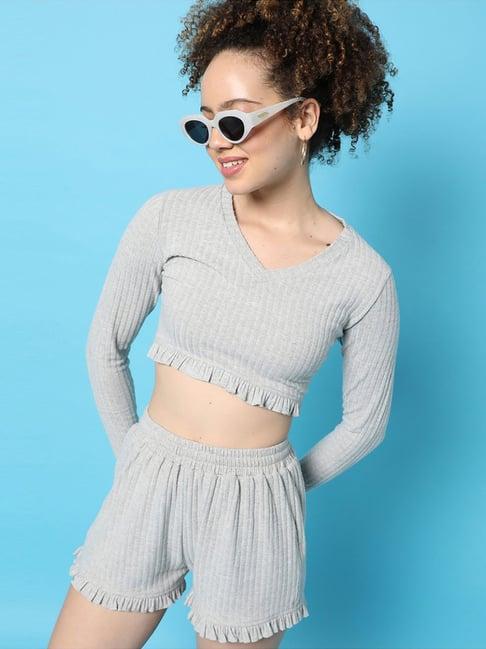 campus sutra grey cotton v neck co-ord set