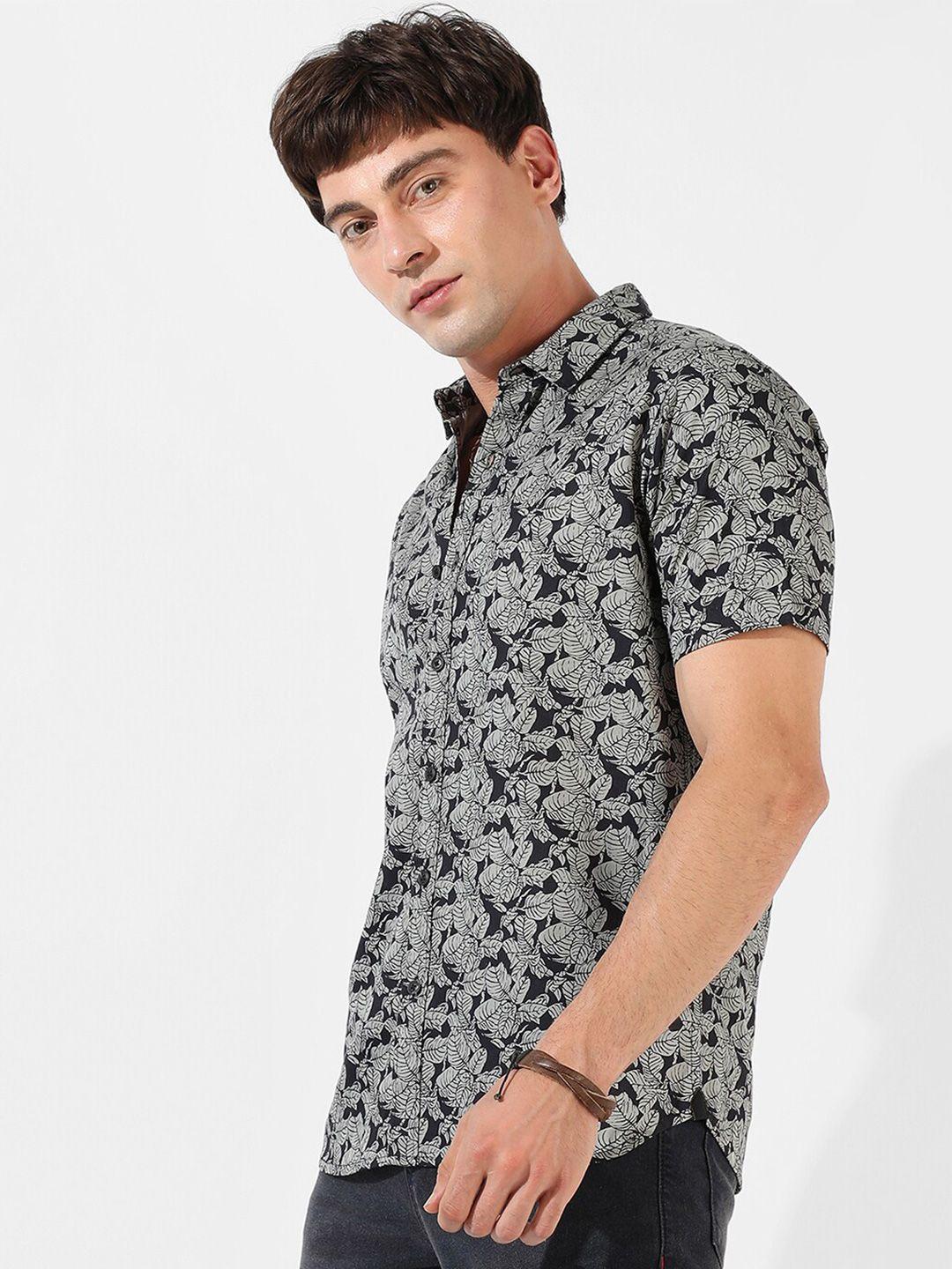 campus sutra grey floral printed classic fit cotton casual shirt