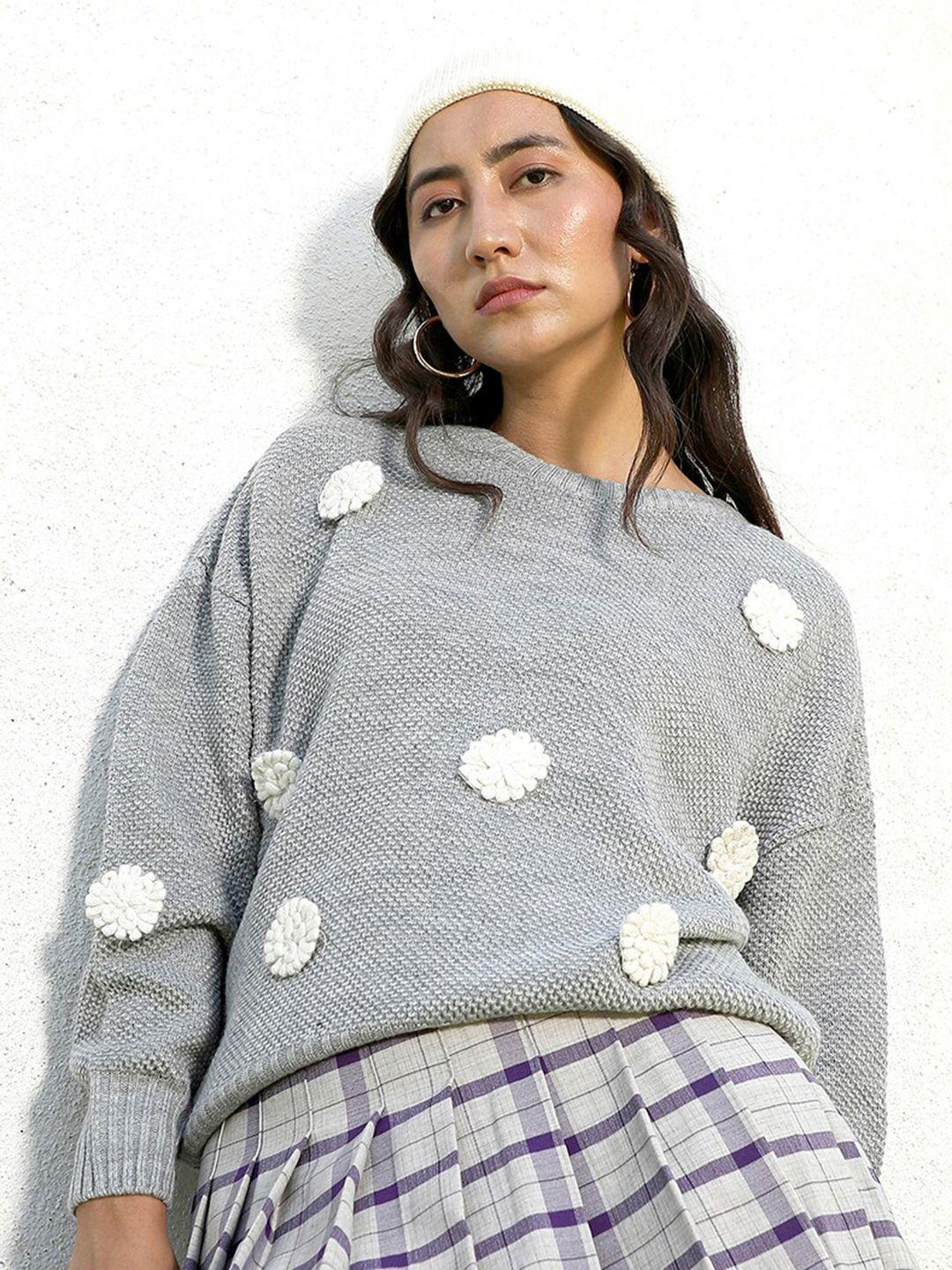 campus sutra grey flower knit cotton pullover