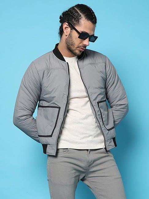 campus sutra grey regular fit bomber jacket