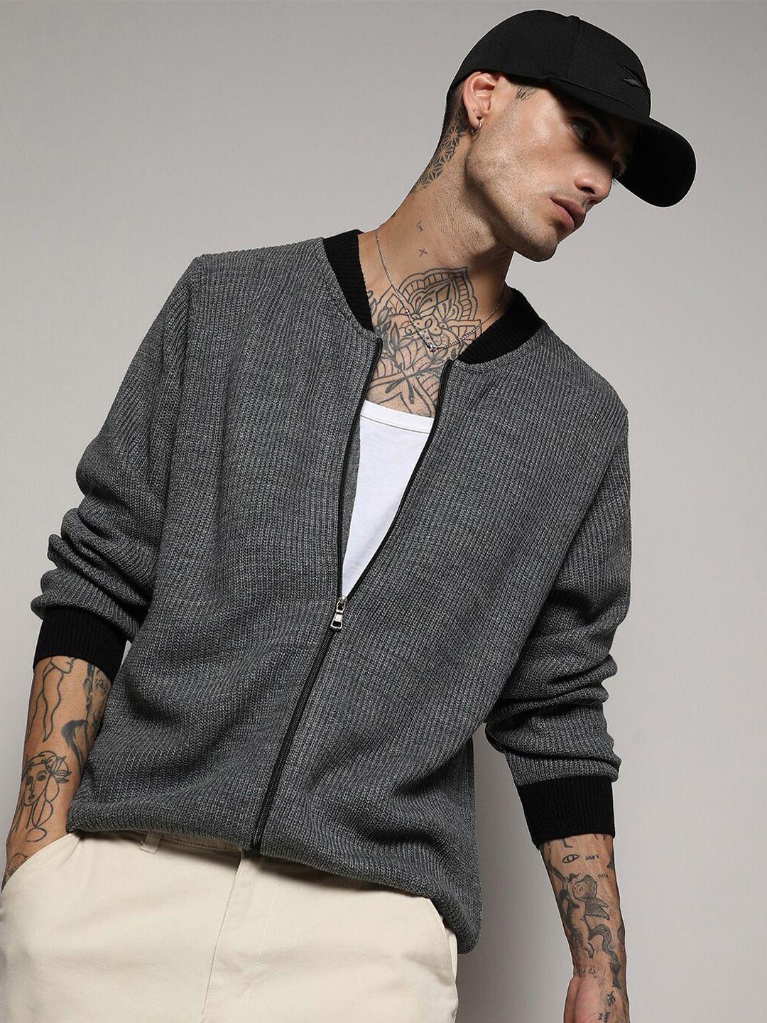 campus sutra grey ribbed mock collar acrylic cardigan