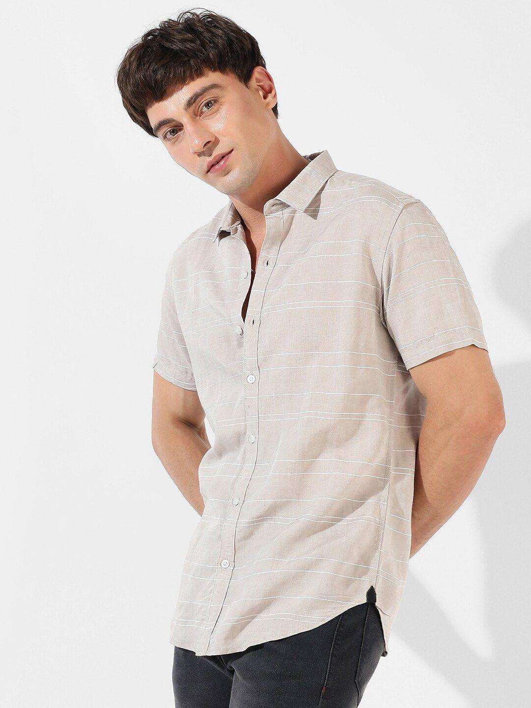 campus sutra grey striped classic fit cotton casual shirt