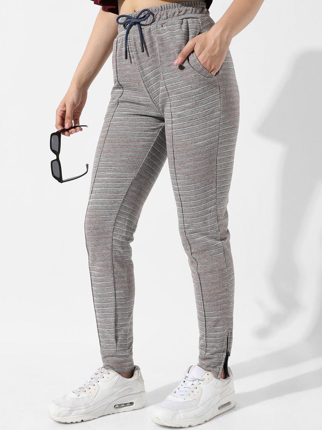 campus sutra grey striped cotton track pants