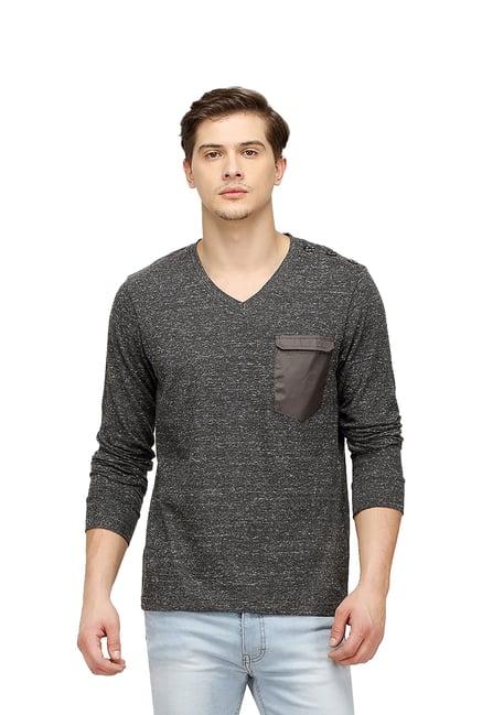 campus sutra grey v neck cotton t-shirt