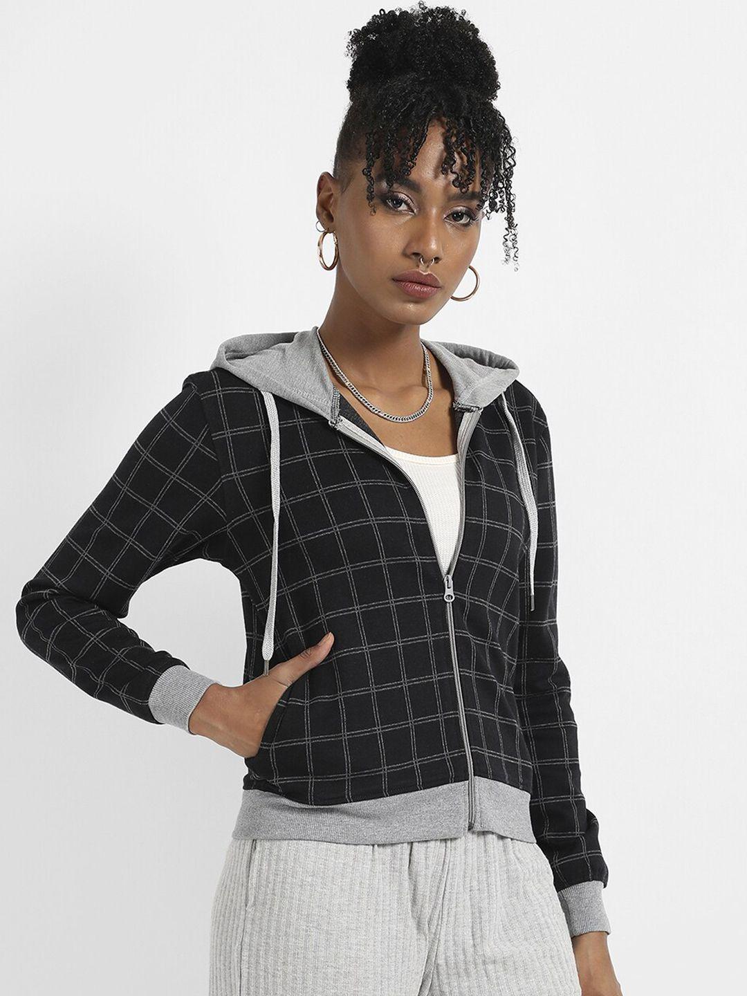 campus sutra hooded collar checked printed cotton sporty jacket with windcheater