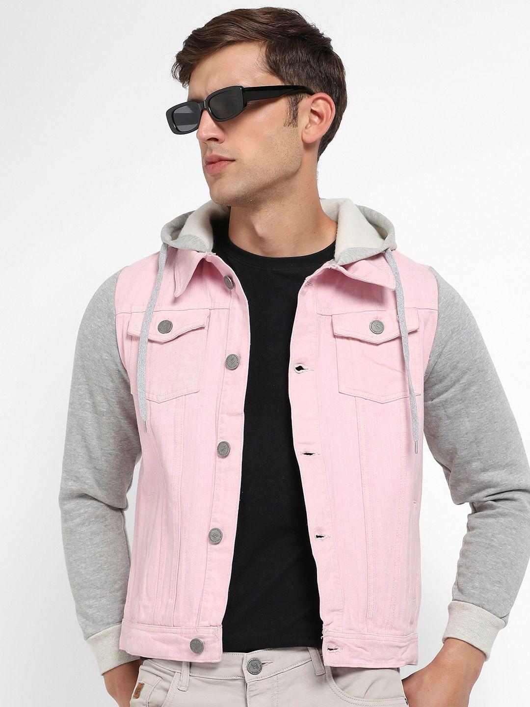 campus sutra hooded windcheater outdoor denim jacket with patchwork