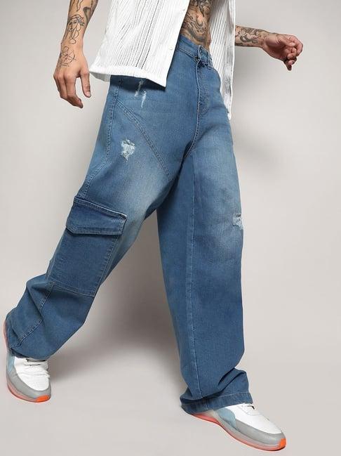 campus sutra light blue regular fit distressed cargo jeans