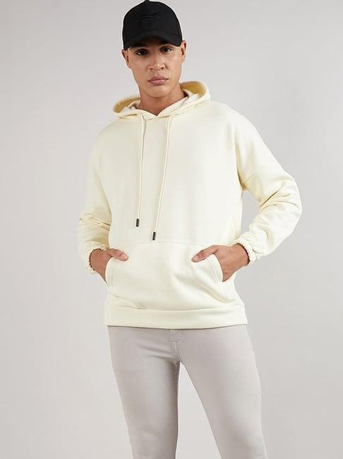 campus sutra light yellow cotton regular fit hooded sweatshirt