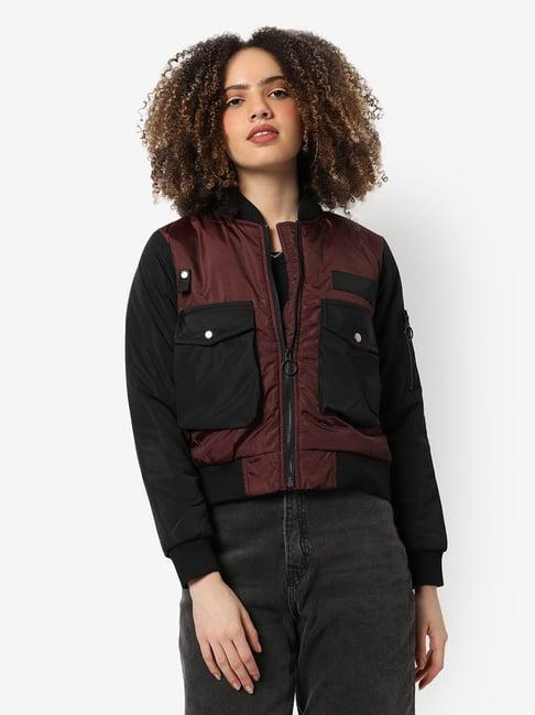 campus sutra maroon & black checks bomber jacket