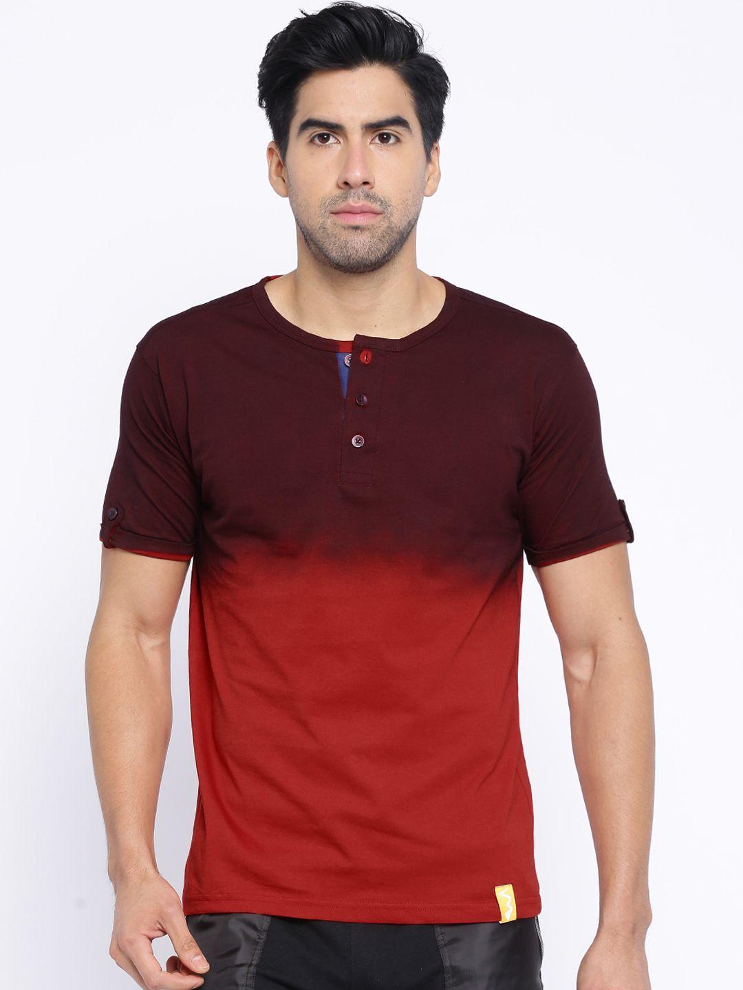 campus sutra maroon  red ombre-dyed henley pure cotton t-shirt