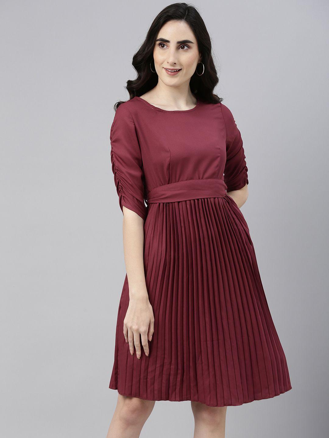 campus sutra maroon accordion pleated fit & flare dress