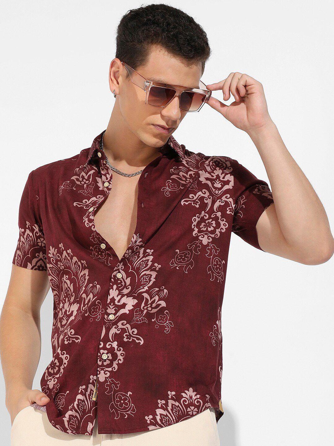 campus sutra maroon classic ethnic motif printed casual shirt