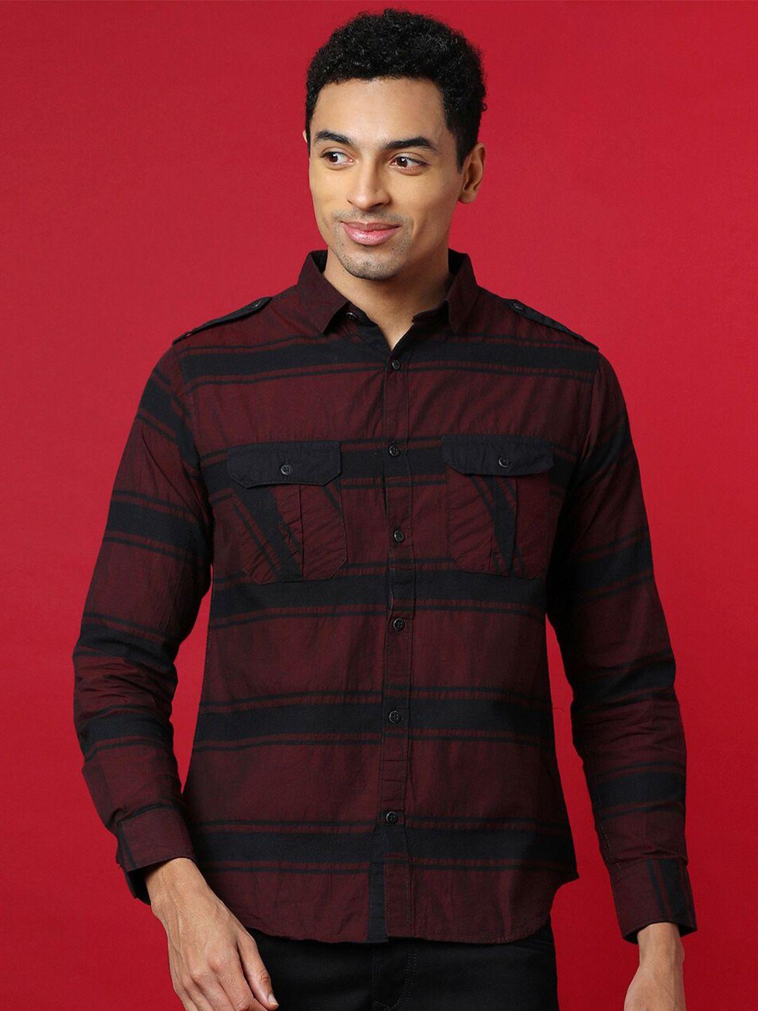 campus sutra maroon classic horizontal striped cotton casual shirt