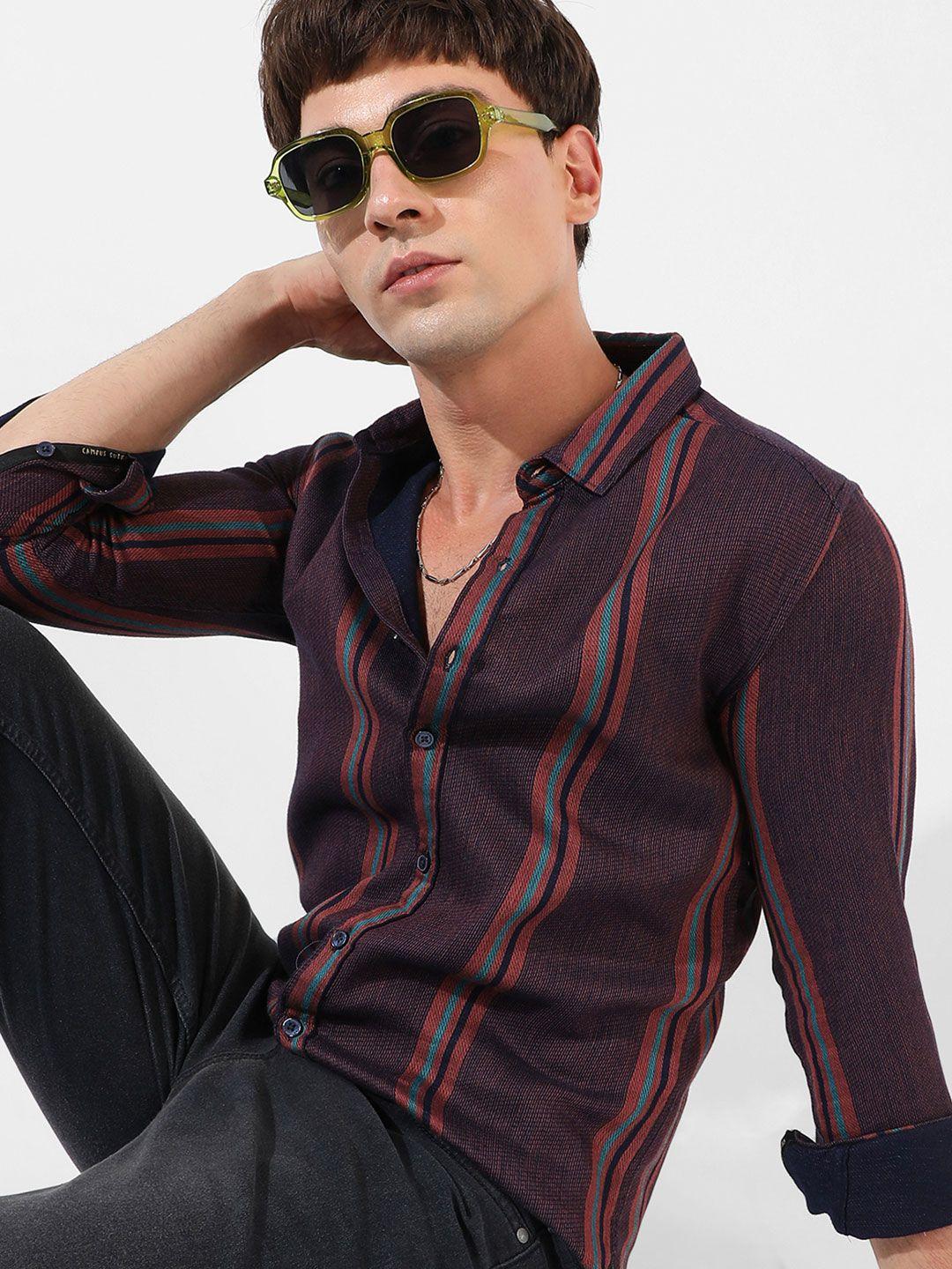 campus sutra maroon classic striped cotton casual shirt
