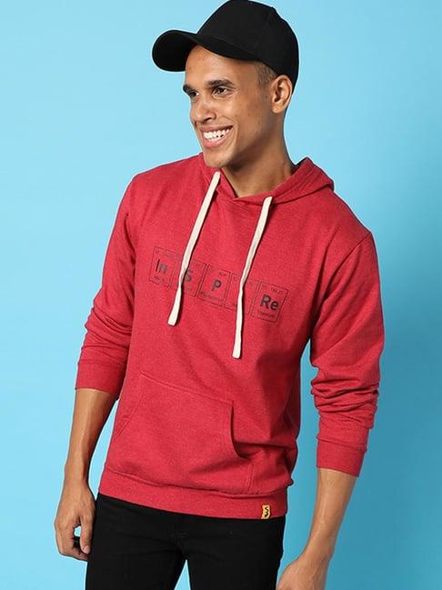 campus sutra maroon cotton regular fit printed hooded sweatshirt