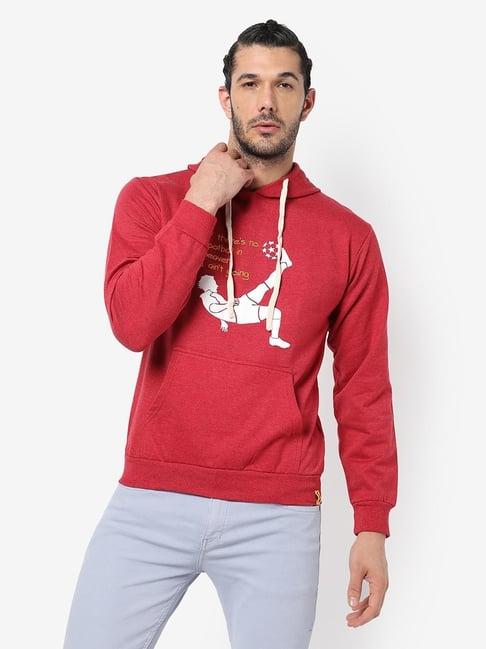 campus sutra maroon cotton regular fit printed hooded sweatshirt