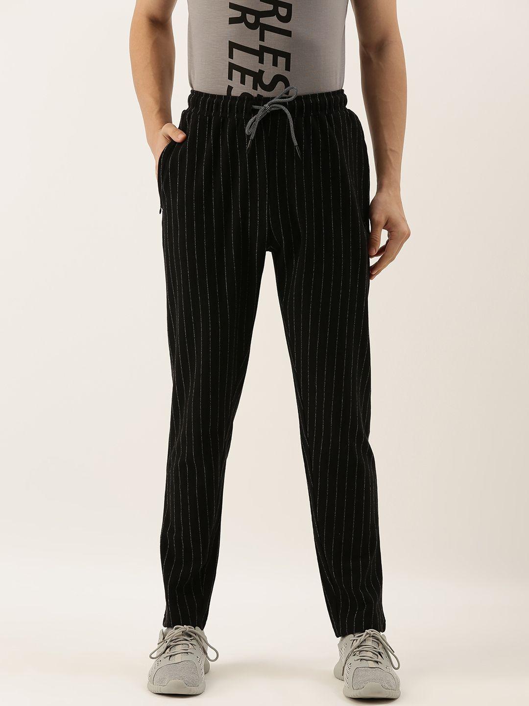 campus sutra men's black and white striped track pants