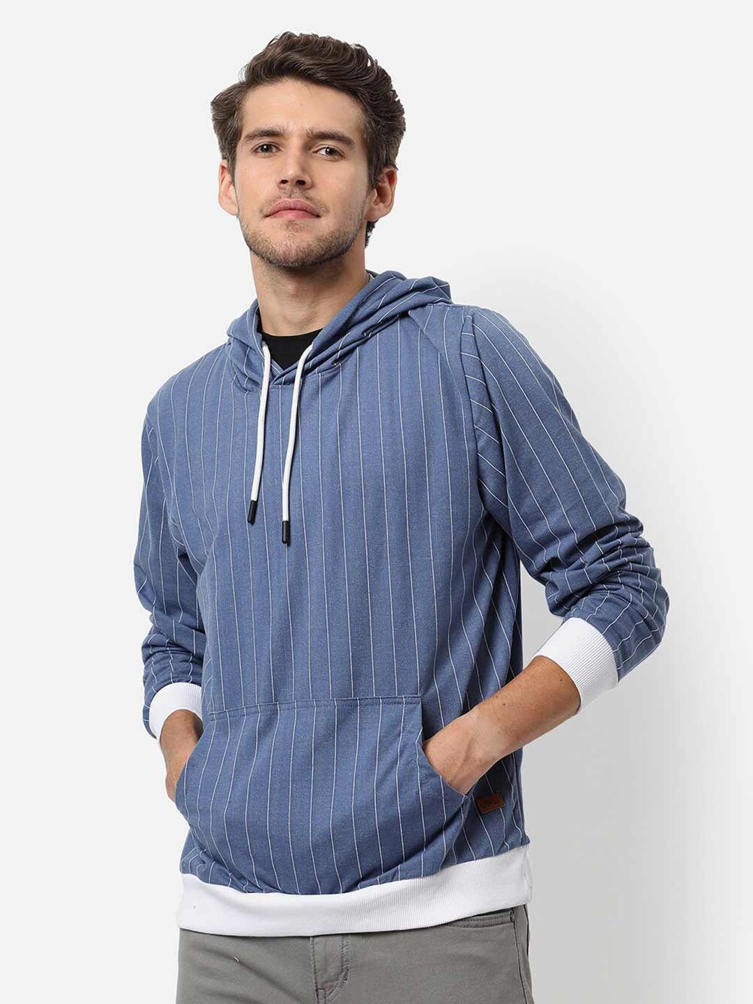 campus sutra men's blue & white striped regular fit sweatshirt with hoodie for winter wear