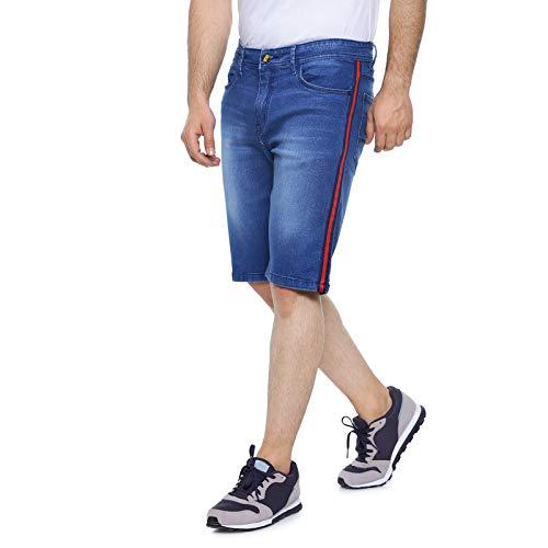 campus sutra men's blue denim shorts solid regular fit for casual wear, cotton blend fabric, stretchable, buttoned, mid-rise shorts crafted with comfort fit for everyday wear