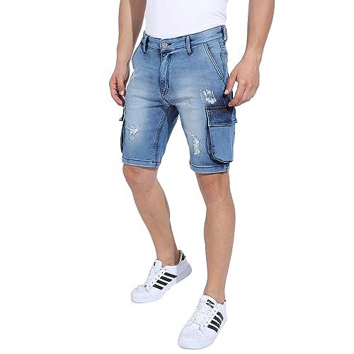 campus sutra men's blue distressed cargo denim shorts for casual wear | medium-wash | regular fit | button closure | denim denim shorts crafted with comfort fit for regular wear