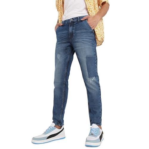 campus sutra men's blue distressed patterned denim jeans for everyday wear | medium-wash | button closure | regular fit | denim jeans crafted with comfort fit for everyday wear (34)