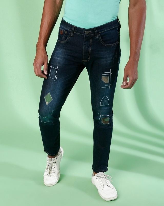 campus sutra men's blue self design regular fit jeans