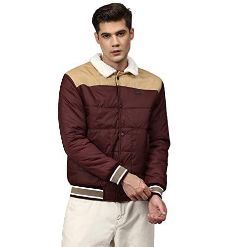 campus sutra men's brown puffer jacket with fleece detail for casual wear | spread collar | long sleeve | button closure | polyester jacket crafted with comfort fit for everyday wear