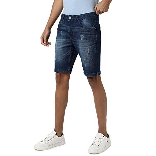 campus sutra men's classic blue dark-washed solid patterned regular fit denim shorts, mid-rise crafted with comfort fit and for everyday wear