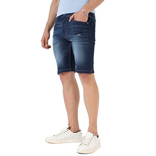 campus sutra men's classic dark blue dark-washed distressed patterned denim shorts premium stretchable cotton mid-rise crafted with comfort fit for everyday wear