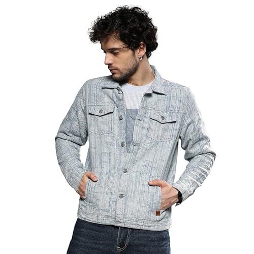 campus sutra men's light blue heavily washed denim jacket for casual wear | spread collar | long sleeve | button closure | jacket crafted with comfort fit for everyday wear