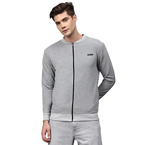 campus sutra men's light grey zip-front jacket with ribbed hem for casual wear | low-high neck | long sleeve | zipper closure | cotton sweater crafted with comfort fit for everyday wear