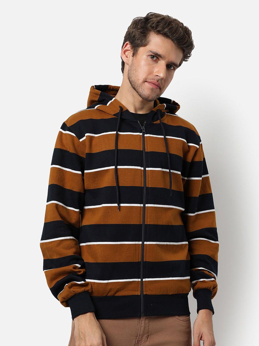 campus sutra men  brown & black striped hooded sweatshirt