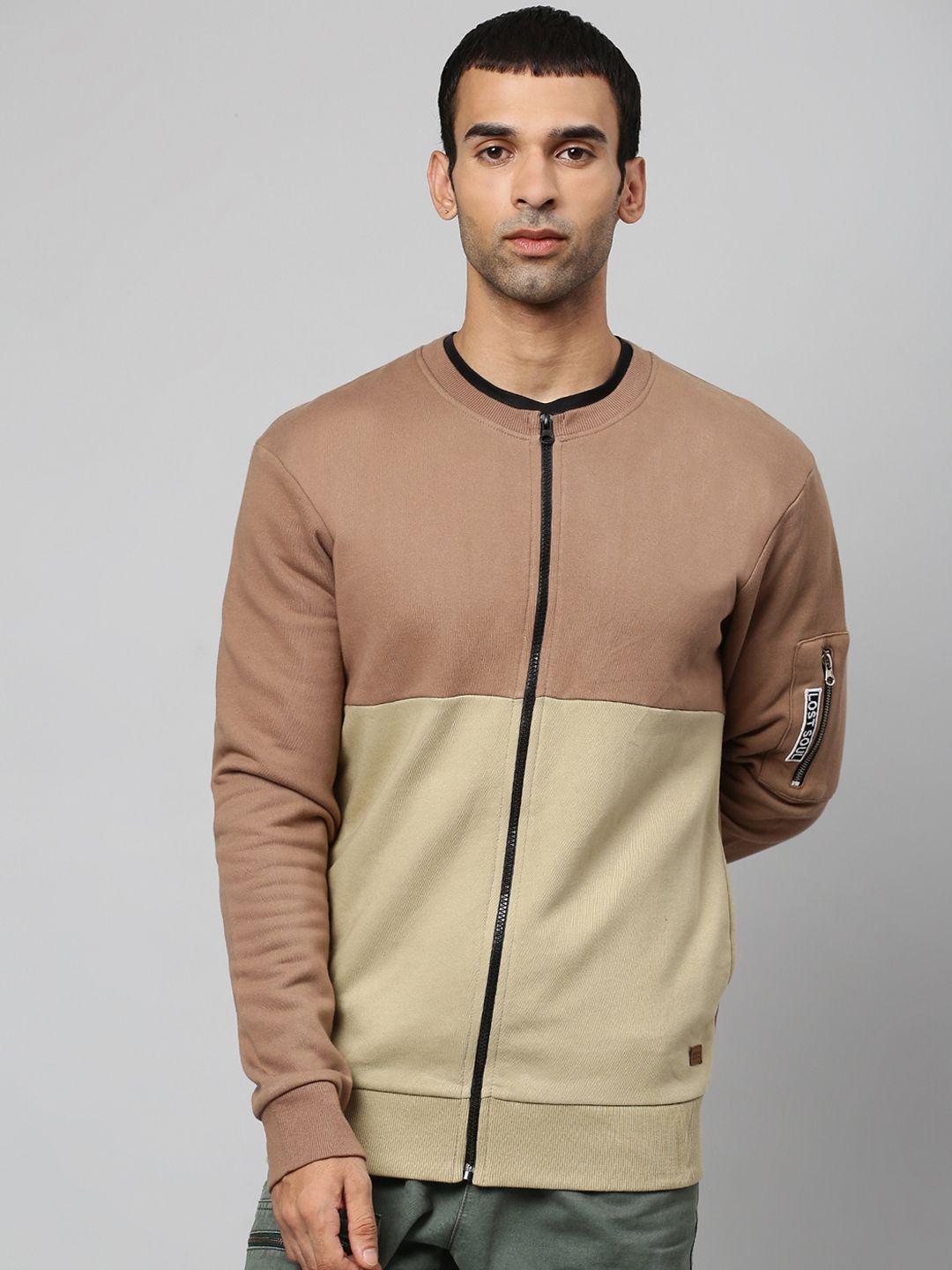 campus sutra men beige & brown colourblocked cotton sweatshirt
