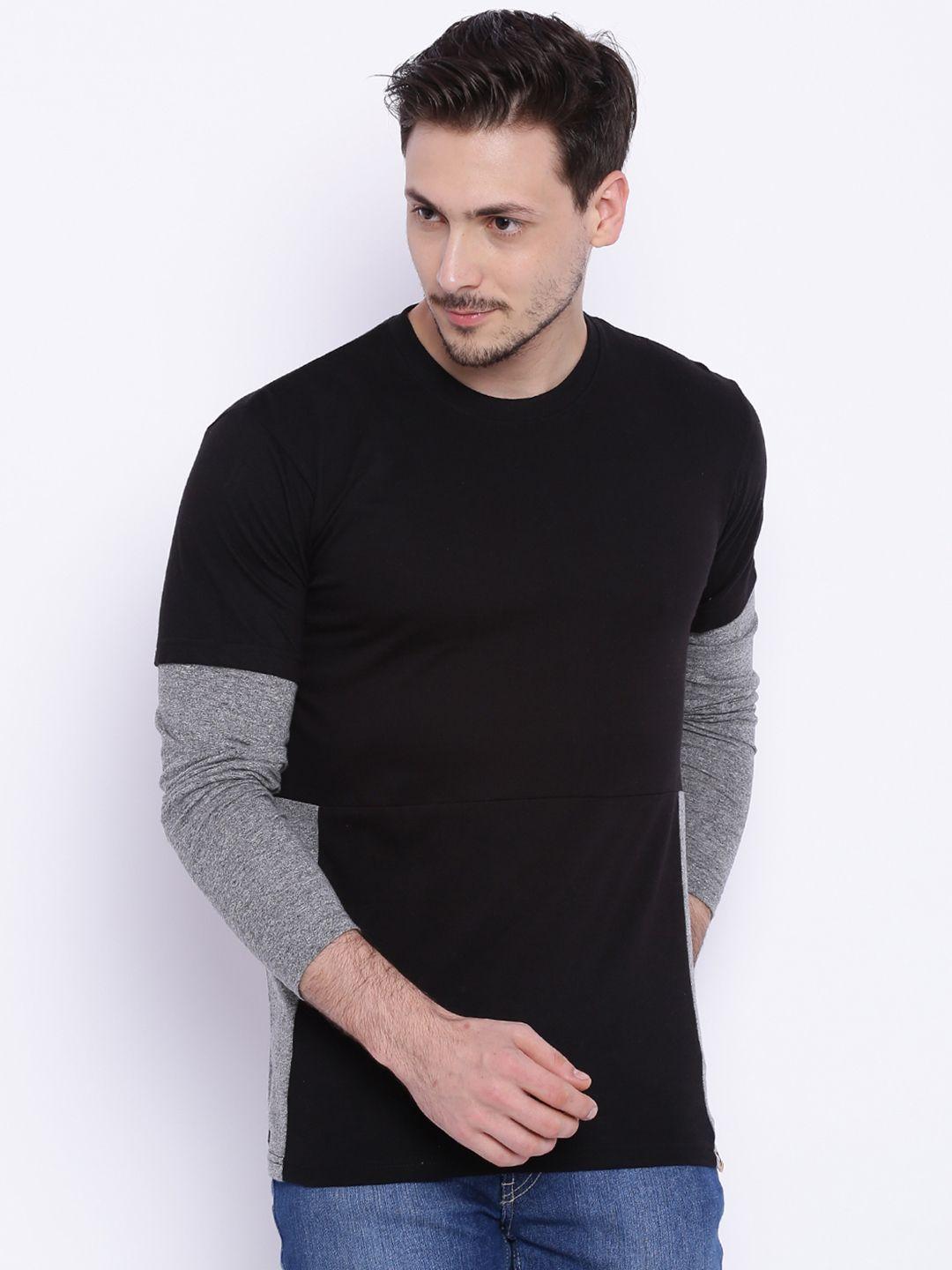 campus sutra men black & grey colourblocked round neck t-shirt