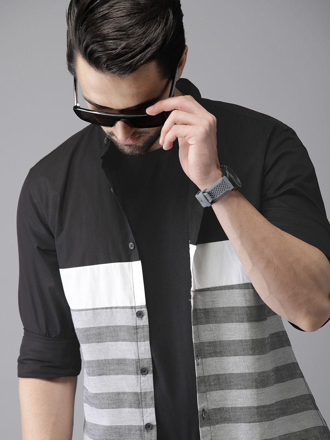 campus sutra men black & grey standard regular fit striped casual shirt