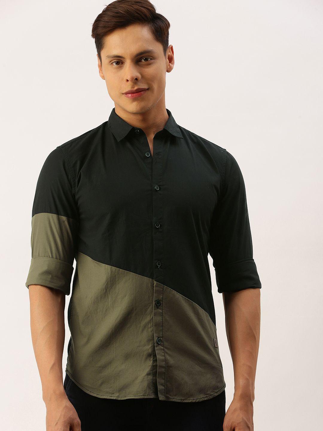 campus sutra men black & olive green regular fit cotton colourblocked casual shirt