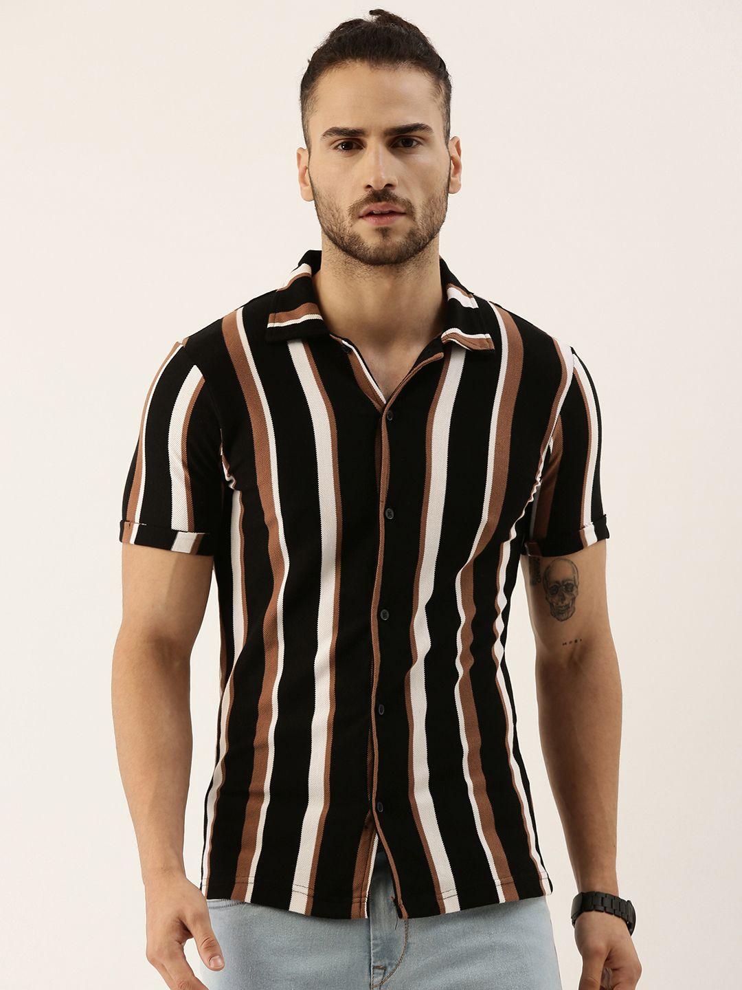 campus sutra men black & white striped casual shirt