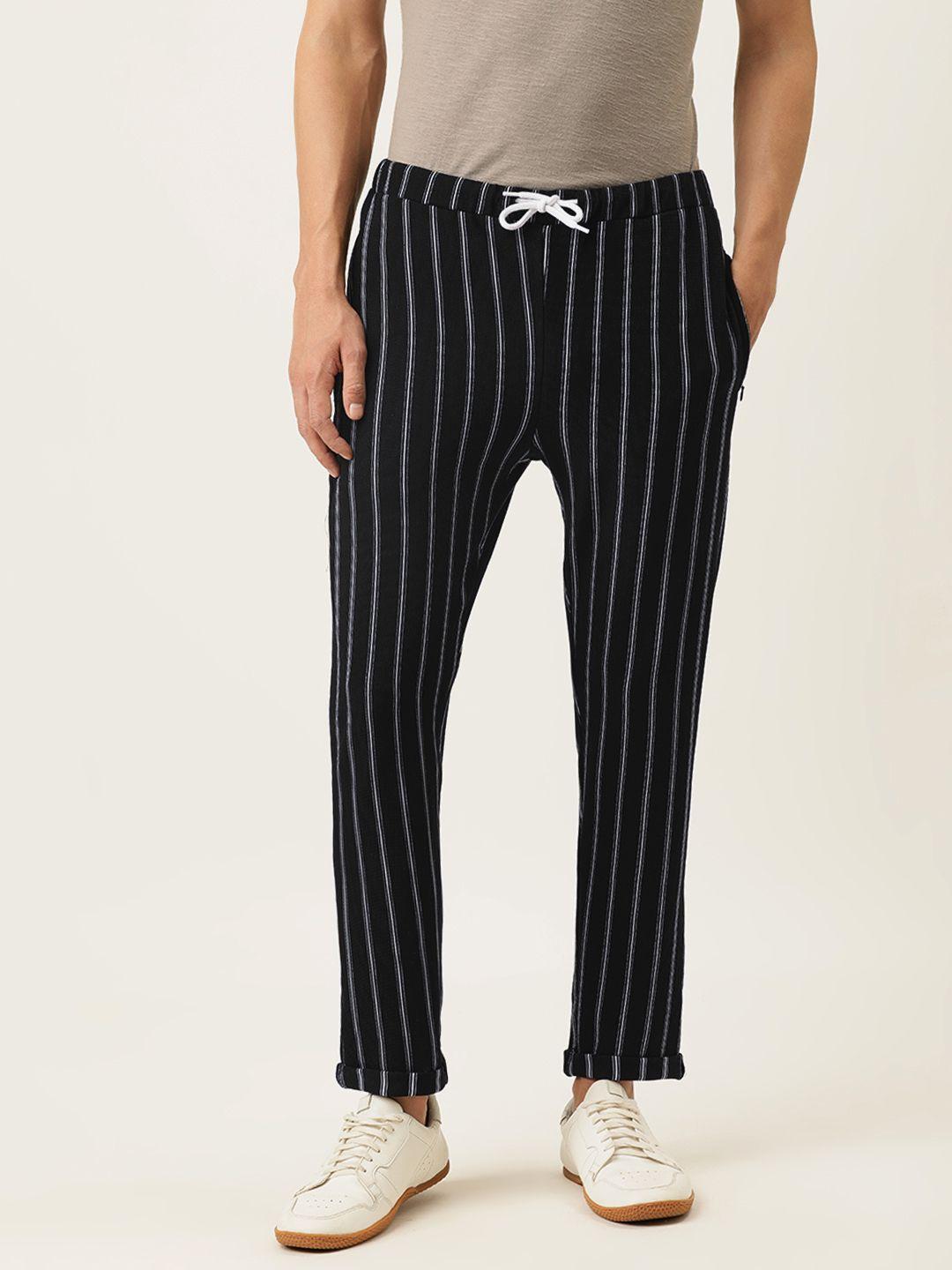 campus sutra men black & white striped straight-fit track pants