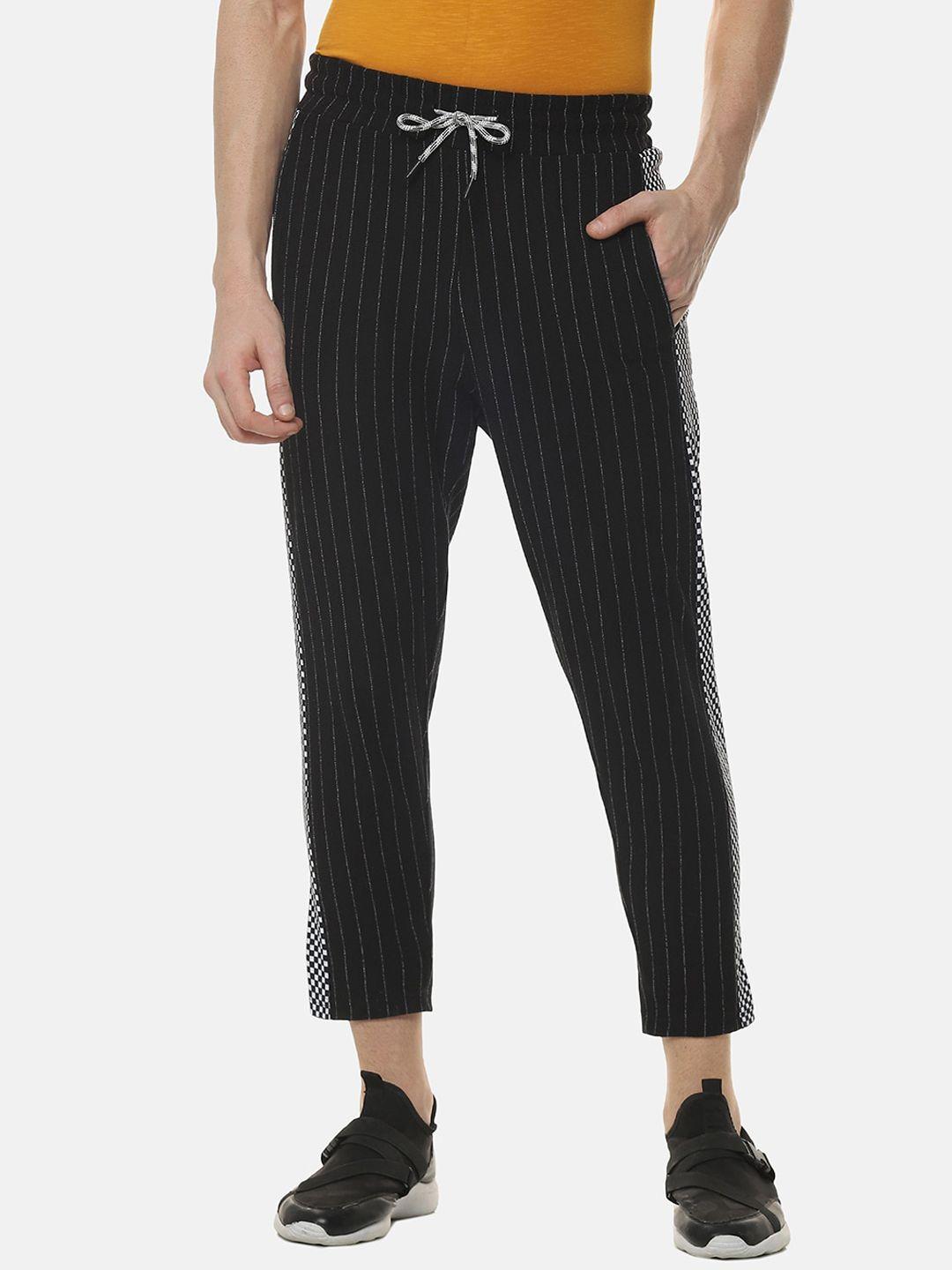 campus sutra men black & white striped straight-fit track pants