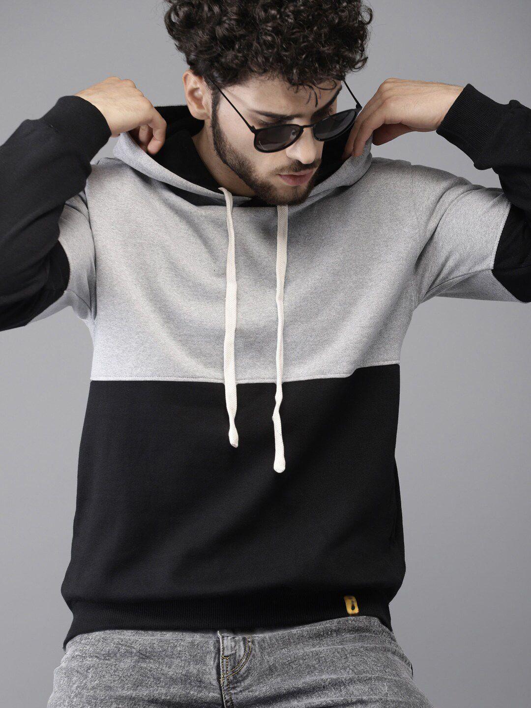 campus sutra men black colourblocked hooded sweatshirt