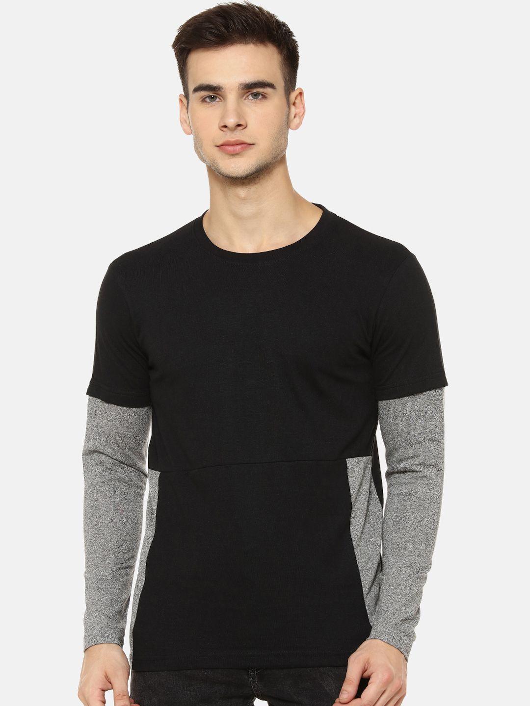 campus sutra men black colourblocked round neck t-shirt