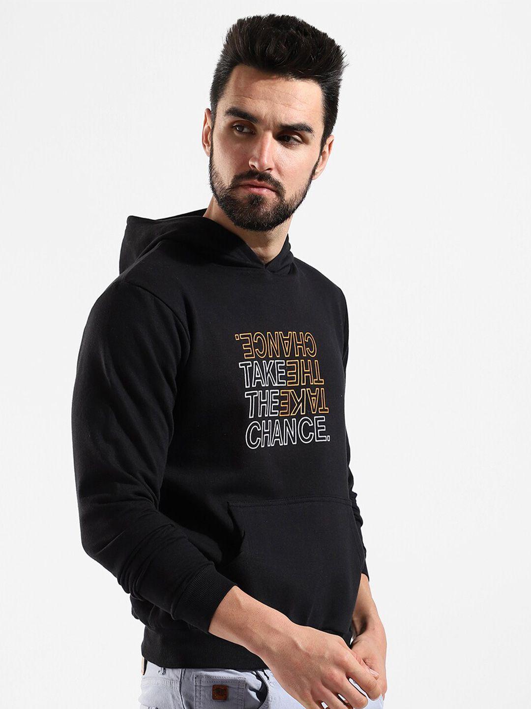 campus sutra men black printed hooded cotton sweatshirt