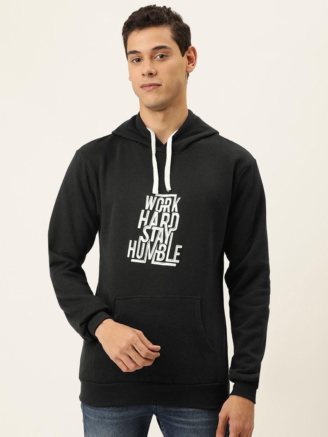 campus sutra men black printed hooded sweatshirt