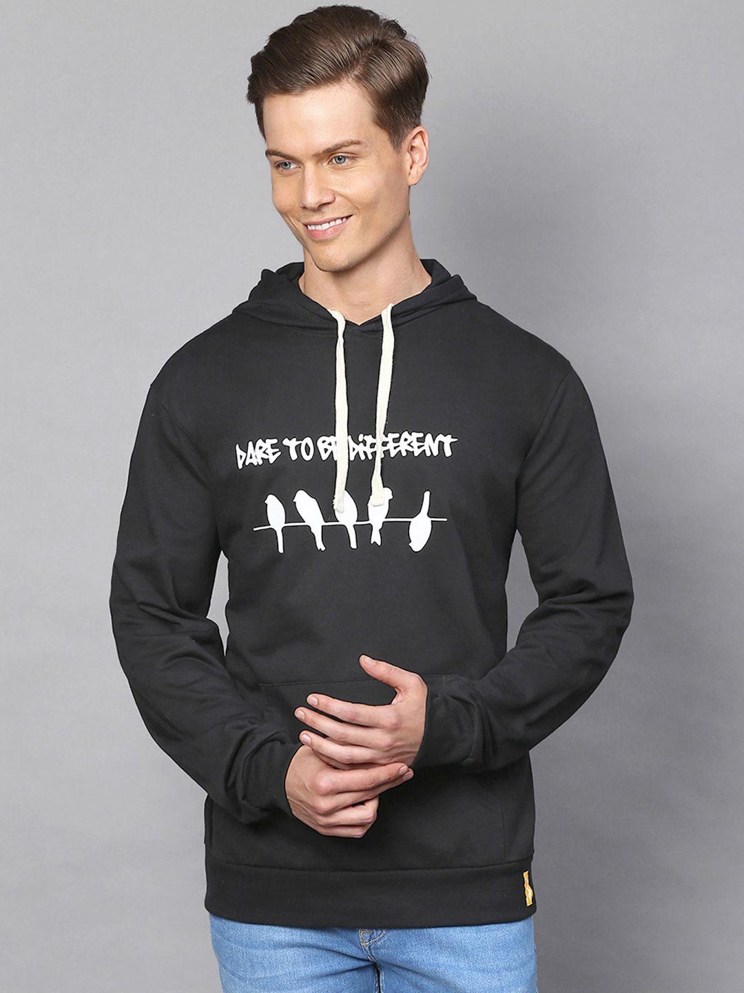 campus sutra men black printed hooded sweatshirt