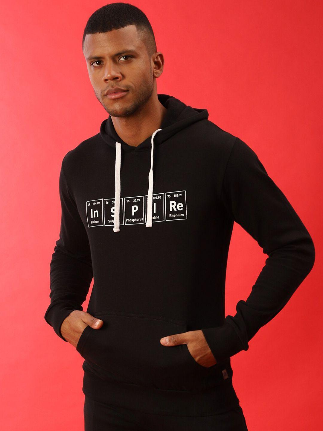 campus sutra men black printed hooded sweatshirt