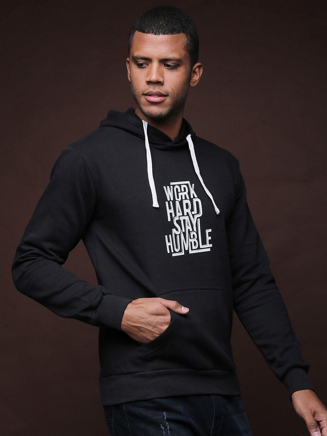 campus sutra men black printed hooded sweatshirt