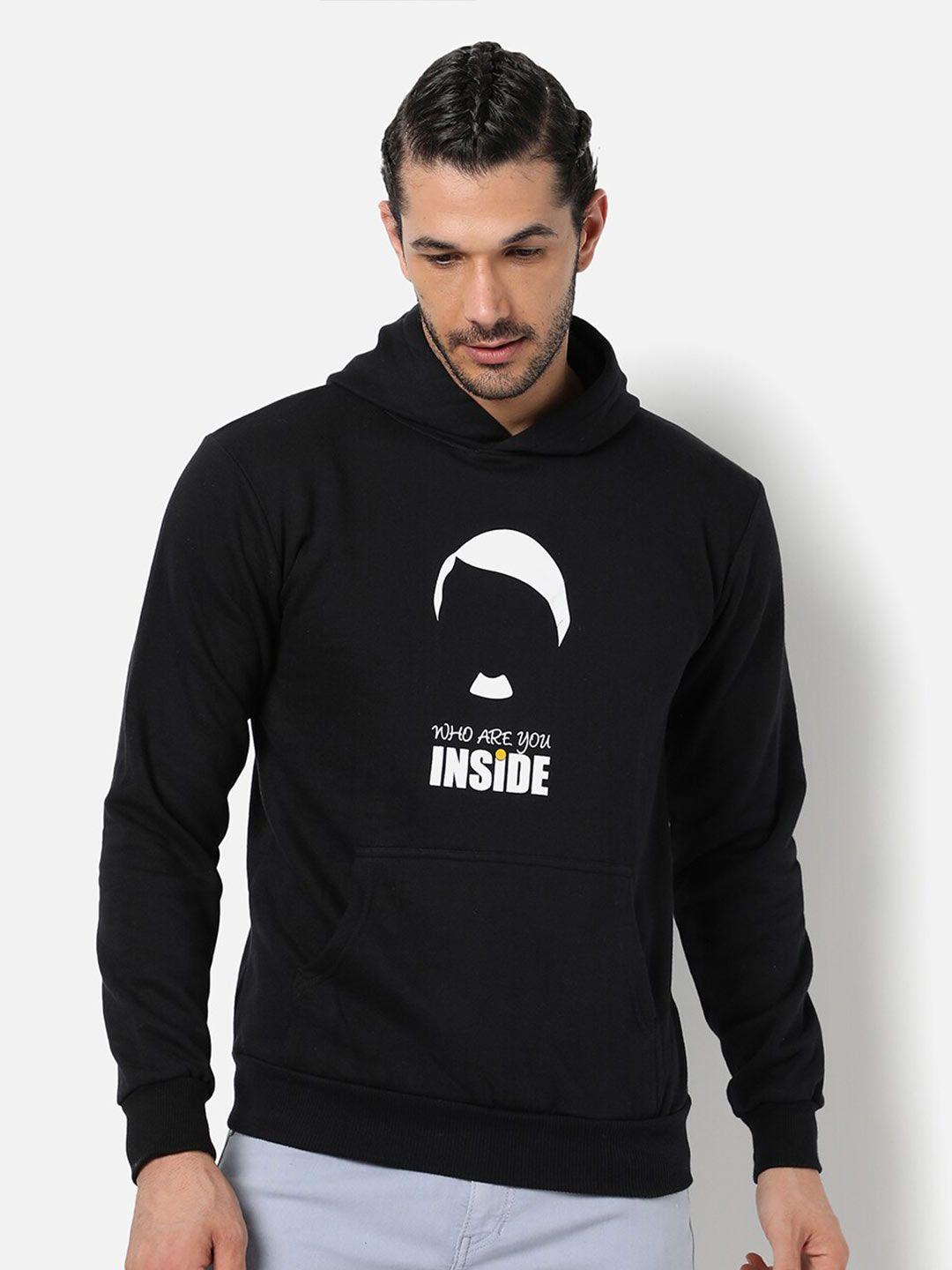 campus sutra men black printed hooded sweatshirt