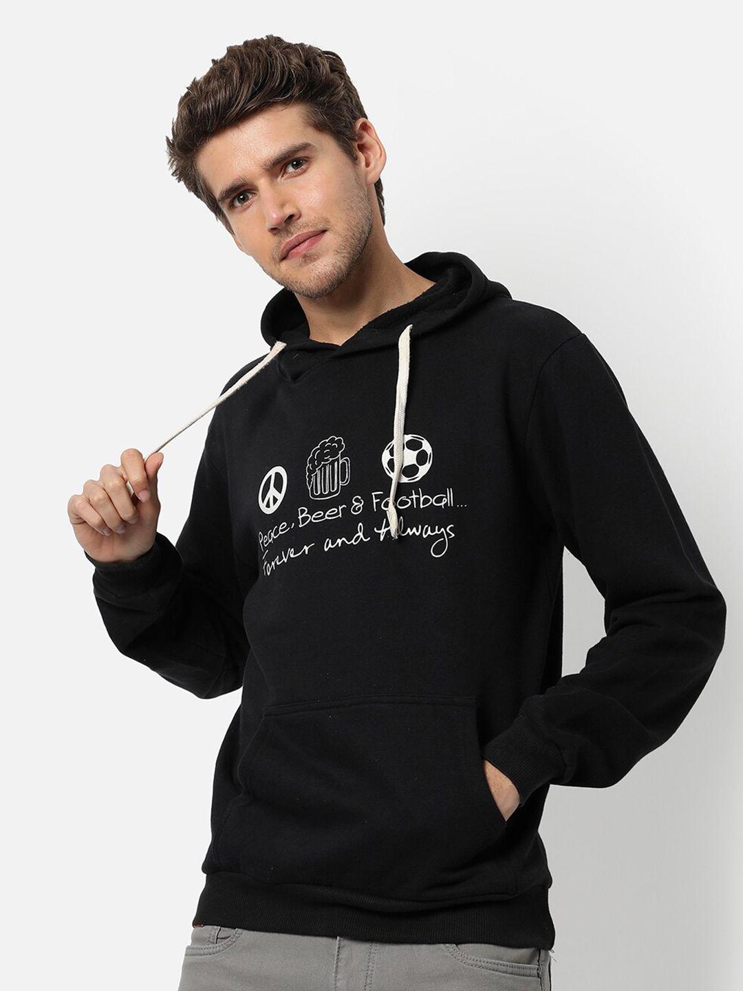 campus sutra men black printed hooded sweatshirt